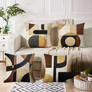 Modern Abstract Geometric Throw pillow, 18x18 inch, Set of 4, Decorative Polyester Cushion Cases with Hidden Zipper, Brown Black Beige