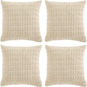 4 Packs  Cream Decorative Throw pillow 18x18 Inch for Living Room Couch Bed Sofa, Rustic Modern Farmhouse Home Decor, Soft Plush Corduroy Cute Square Beige Cushion Case 45x45 cm