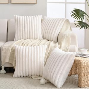 Set of 4 Faux Fur Plush Decorative Throw pillow 18x18 Inch, Luxury Striped Cushion Cases Soft Fluffy Accent Throw pillow for Sofa, Couch and Bed, Cream White