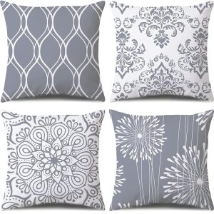 Decorative Throw pillow 18x18 Set of 4, Grey and White Modern Simple Square Pillow Case Cushion Cover for Sofa Couch Farmhouse Outdoor Living Room (Gray and White, 18" x18")