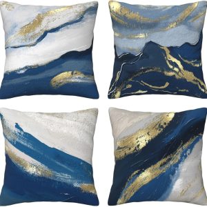 Set Of 4 Decorative Throw pillow 18x18 Inch, Modern Dark Blue Abstract Oil Painting Art Square Pillows Cover Case For Cushions Sofa Bed Cushion Living Room Farmhouse Outdoor Decoration…