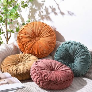 Set of 4 Decorative Round Pleated Throw pillow, Classy Velvet Pumpkin Round Throw pillow, Decorative Floor Pillow for Bed Chair Home Sofa Decor, 14" Diameter(Colorful)