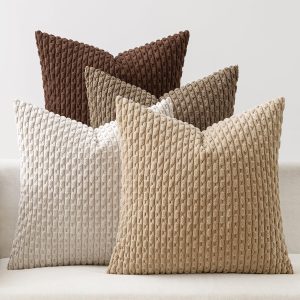 Throw pillow Soft Couch Decorative Set of 4  Striped Cushion Covers Corduroy Throw pillow Farmhouse Accent Home Decor for Couch Bed Sofa Living Room 18x18 Inch Brown