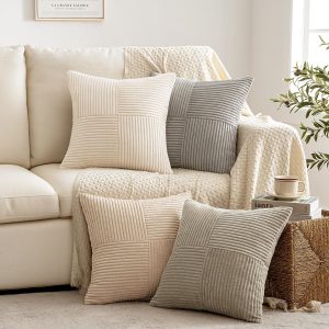 Neutral Decorative Throw pillow 18x18 Inch Set of 4 for Livingroom Couch Sofa Modern Farmhouse Soft Corduroy Cushion Cases Striped Patchwork Home Decor (Cream,Grey)
