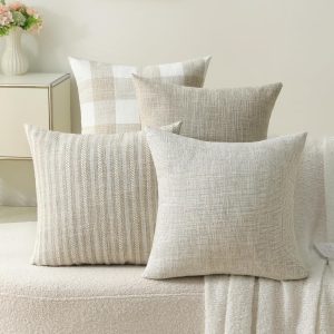 Linen Check Decorative Throw pillow 18x18 Inch Set Of 4,  Throw pillow Square Couch Pillow Soft Accent Farmhouse Cushion Cover w/Hidden Zipper for Couch Sofa Bedroom Living Room Home Decor