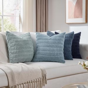 Set of 4 Blue Decorative Throw pillow 18x18 Inch for Couch Bed Chair, Modern Farmhouse  Room Decor, Soft Fuzzy Corduroy Textured Striped Coastal Blue Cushion Case 45cm