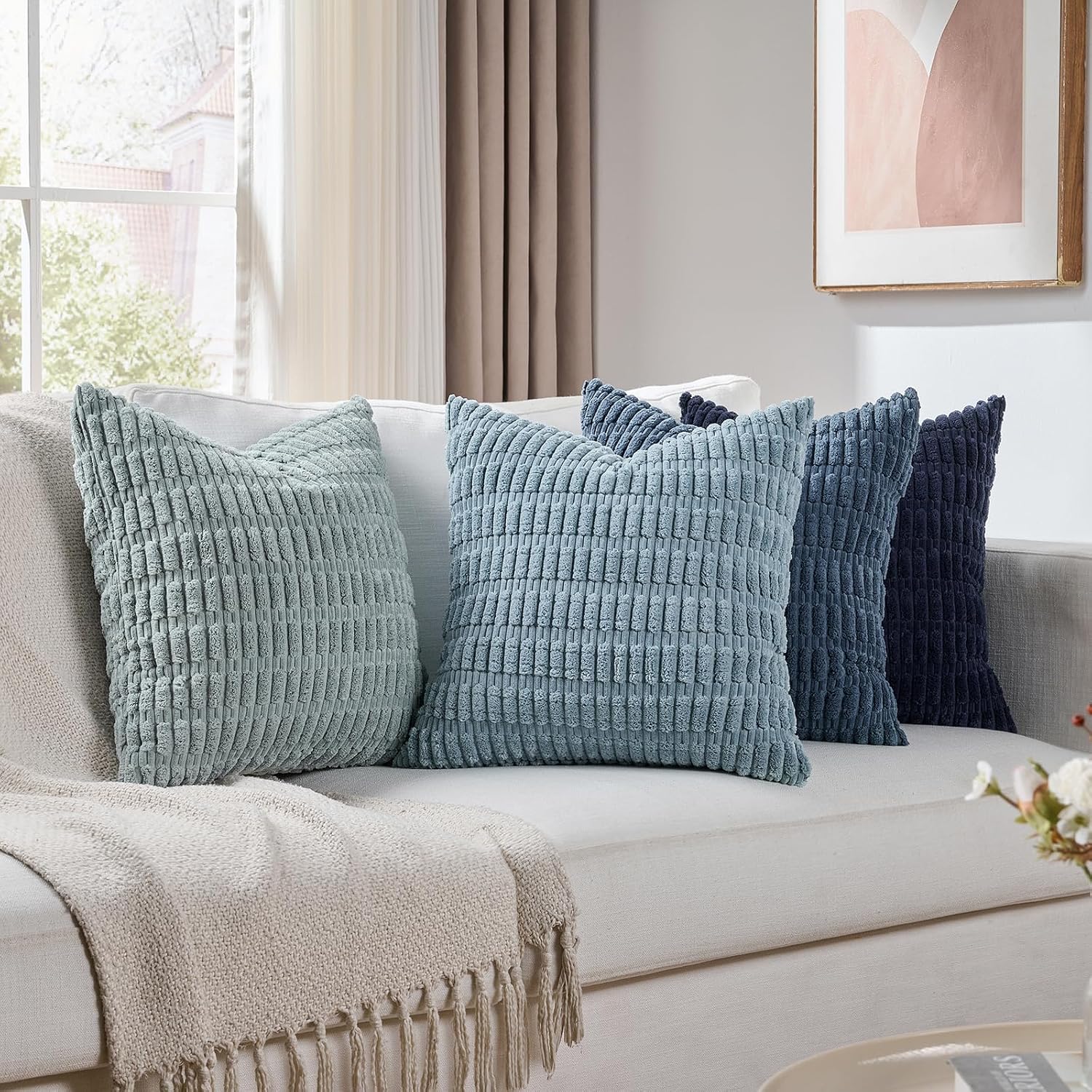 Set of 4 Blue Decorative Throw pillow 18x18 Inch for Couch Bed Chair, Modern Farmhouse Room Decor, Soft Fuzzy Corduroy Textured Striped Coastal Blue Cushion Case 45cm