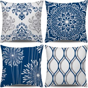 Decorative Throw pillow 18x18 Set of 4, Blue Modern Simple Square Pillow Case Cushion Cover for Sofa Couch Farmhouse Outdoor Living Room (Blue, 18"x18")