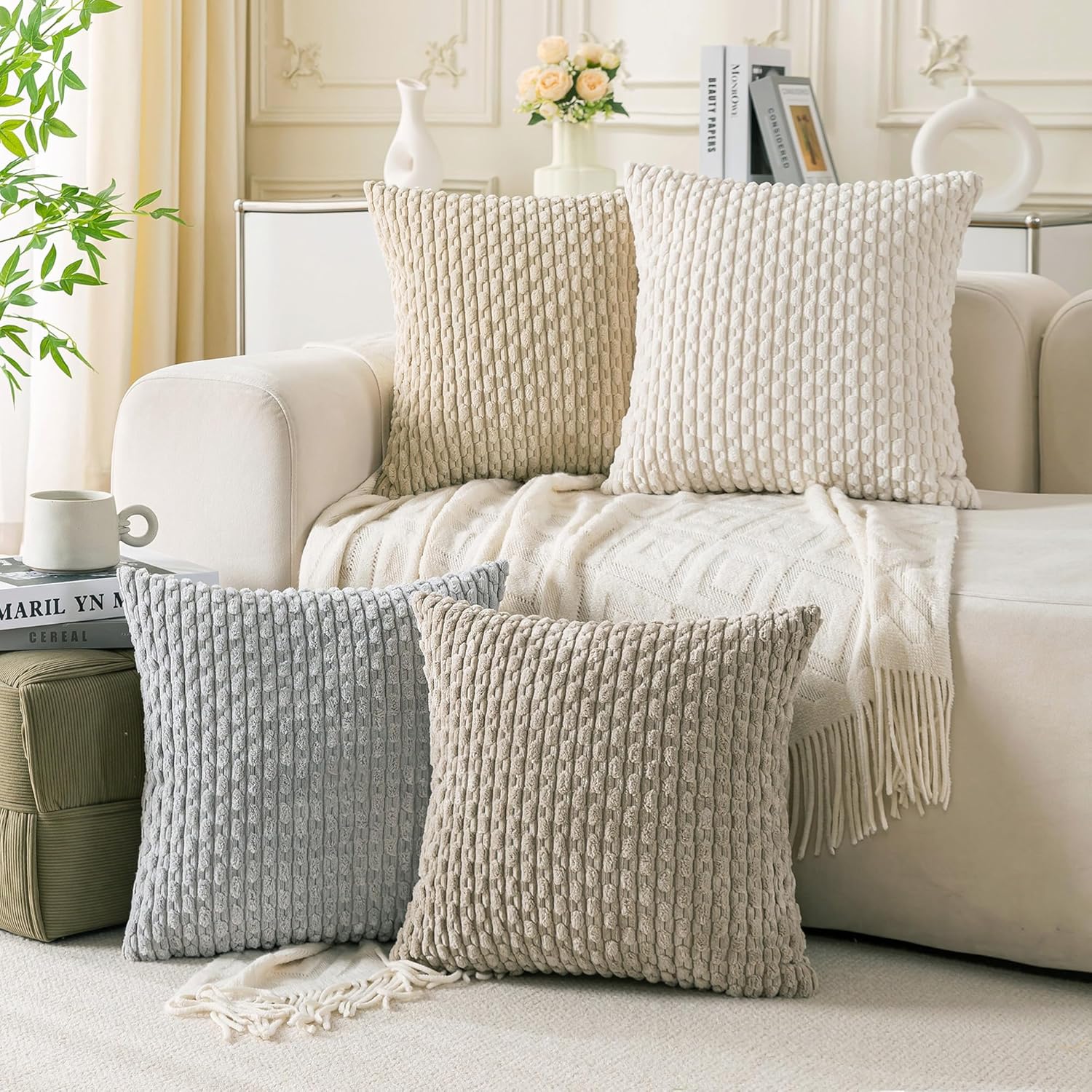 Set of 4 Neutral Decorative Throw pillow 18x18 Inch Corduroy Throw pillow for Bed Couch Sofa Living Room Soft Square Cushion Cases