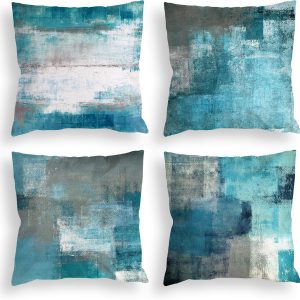 Teal Throw pillow 18x18 Set of 4 Decorative Cushion Cover Turquoise Grey Abstract Art Painting Throw pillow for Sofa Bedroom Living Room Décor