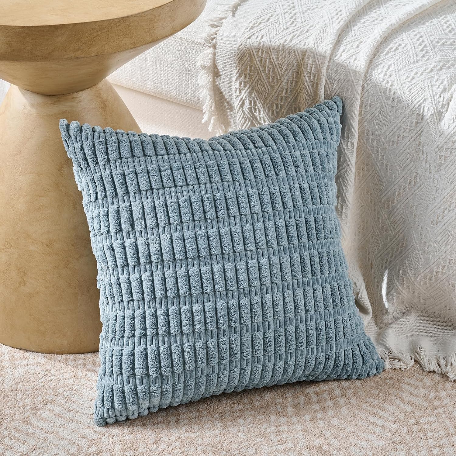 Set of 4 Blue Decorative Throw pillow 18x18 Inch for Couch Bed Chair, Modern Farmhouse Room Decor, Soft Fuzzy Corduroy Textured Striped Coastal Blue Cushion Case 45cm - Image 2