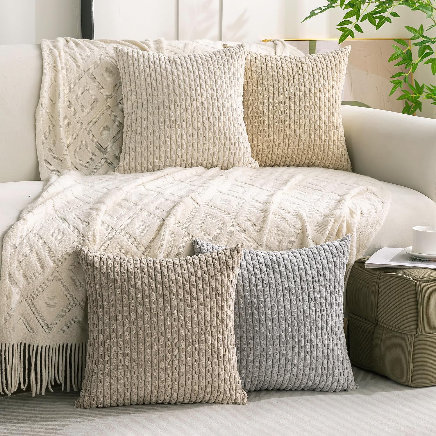 Set of 4 Neutral Decorative Throw pillow 18x18 Inch Corduroy Throw pillow for Bed Couch Sofa Living Room Soft Square Cushion Cases - Image 2