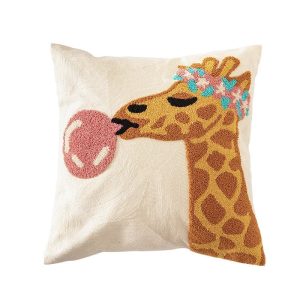 Bubble Gum Giraffe Embroidered Tufted Pillow Cover
