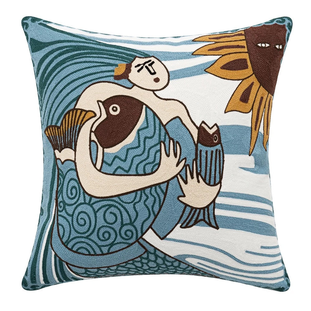 Fish of Plenty Mermaid Embroidered Throw Pillow Cover - Image 2