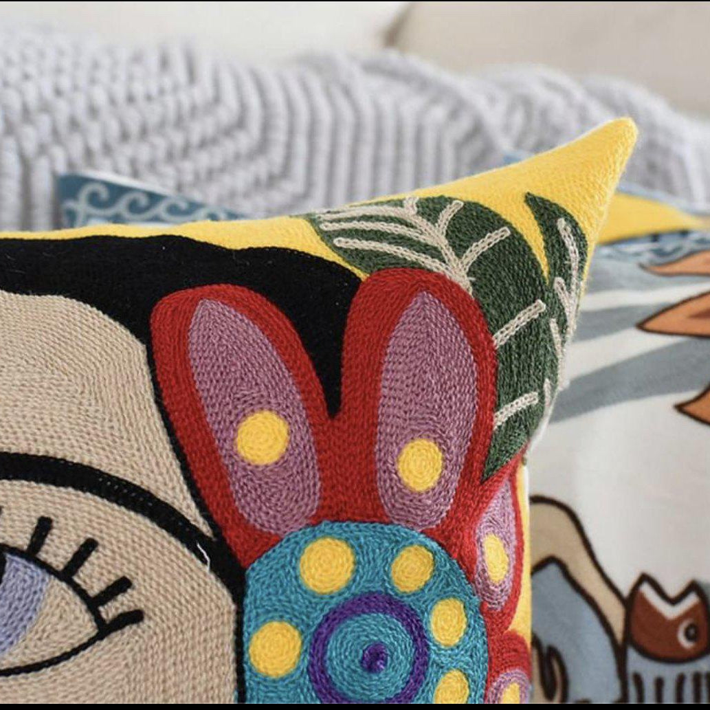 Frida Inspired Flower & Parrot | Embroidered Pillow Cover - Image 2