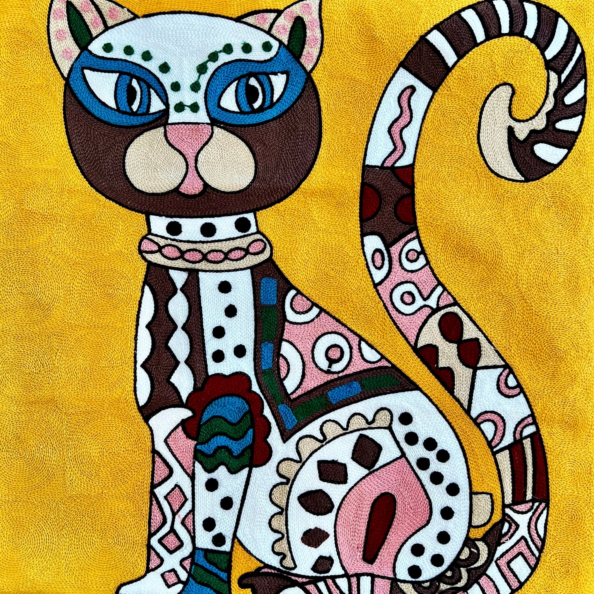 Gold Abstract Art Inspired Cat | Embroidered Pillow Cover - Image 3