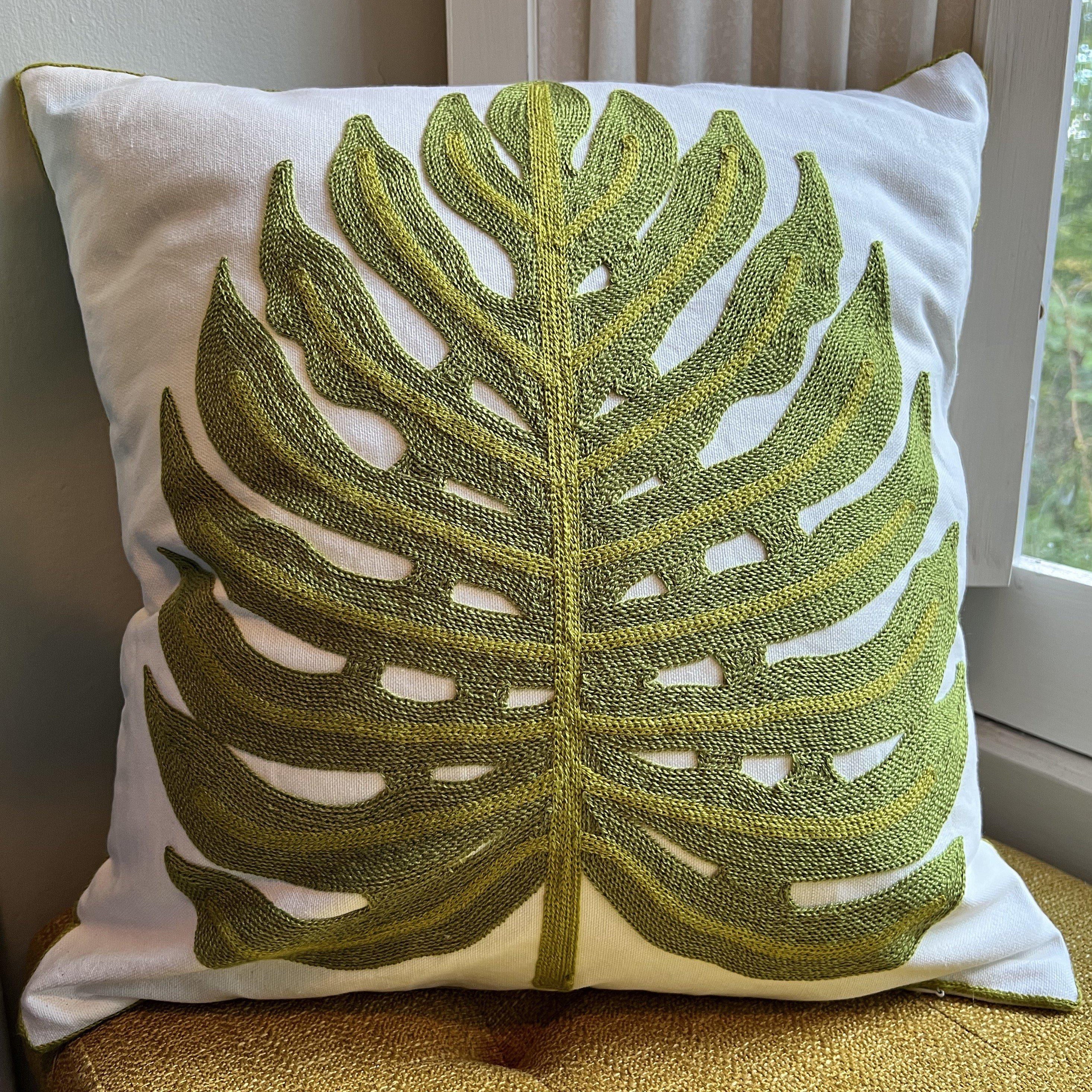 Green Monstera Leaf | Embroidered Pillow Cover - Image 2