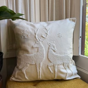 Neutral Winter Deer Embroidered Pillow Cover