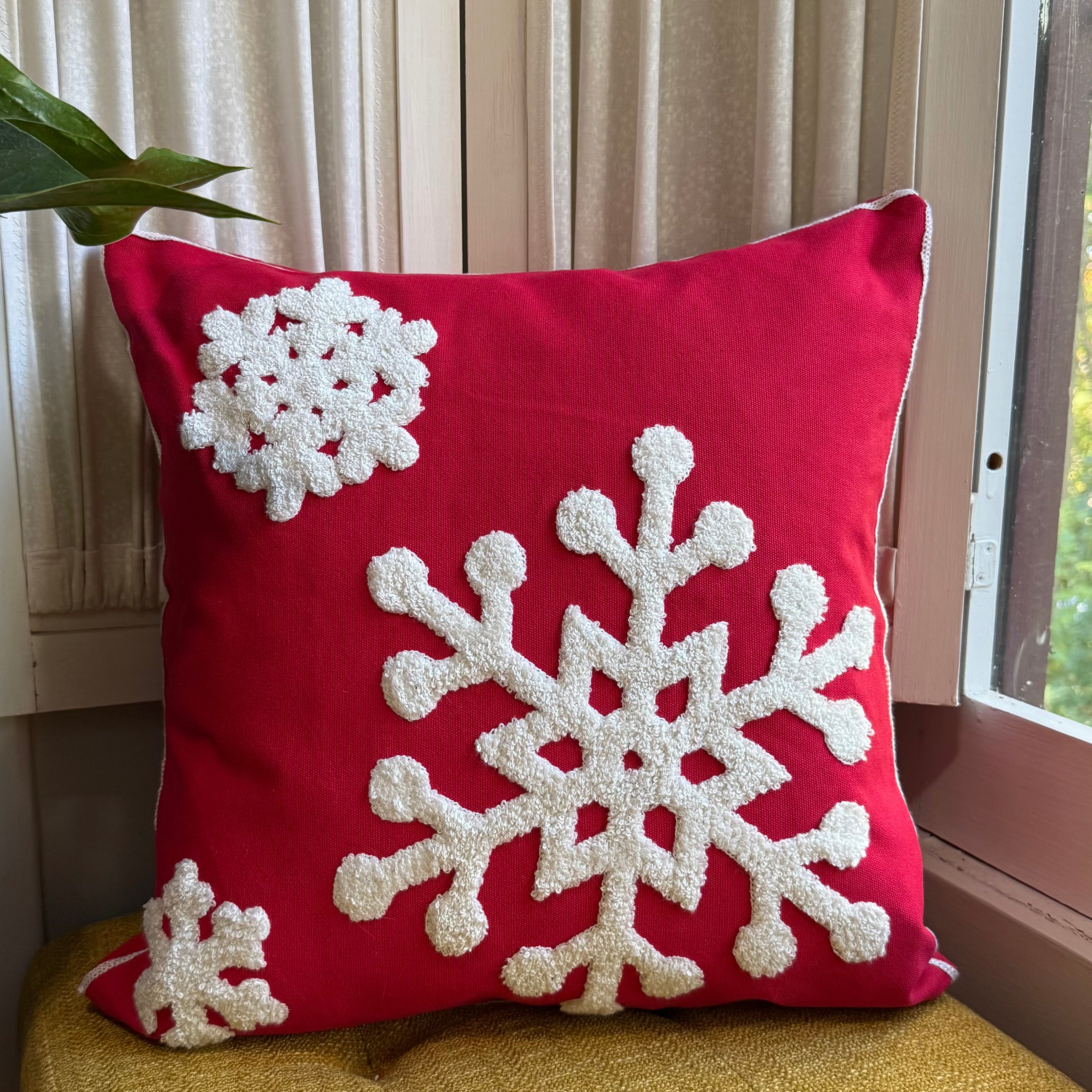 Red Snowflake Embroidered Pillow Cover