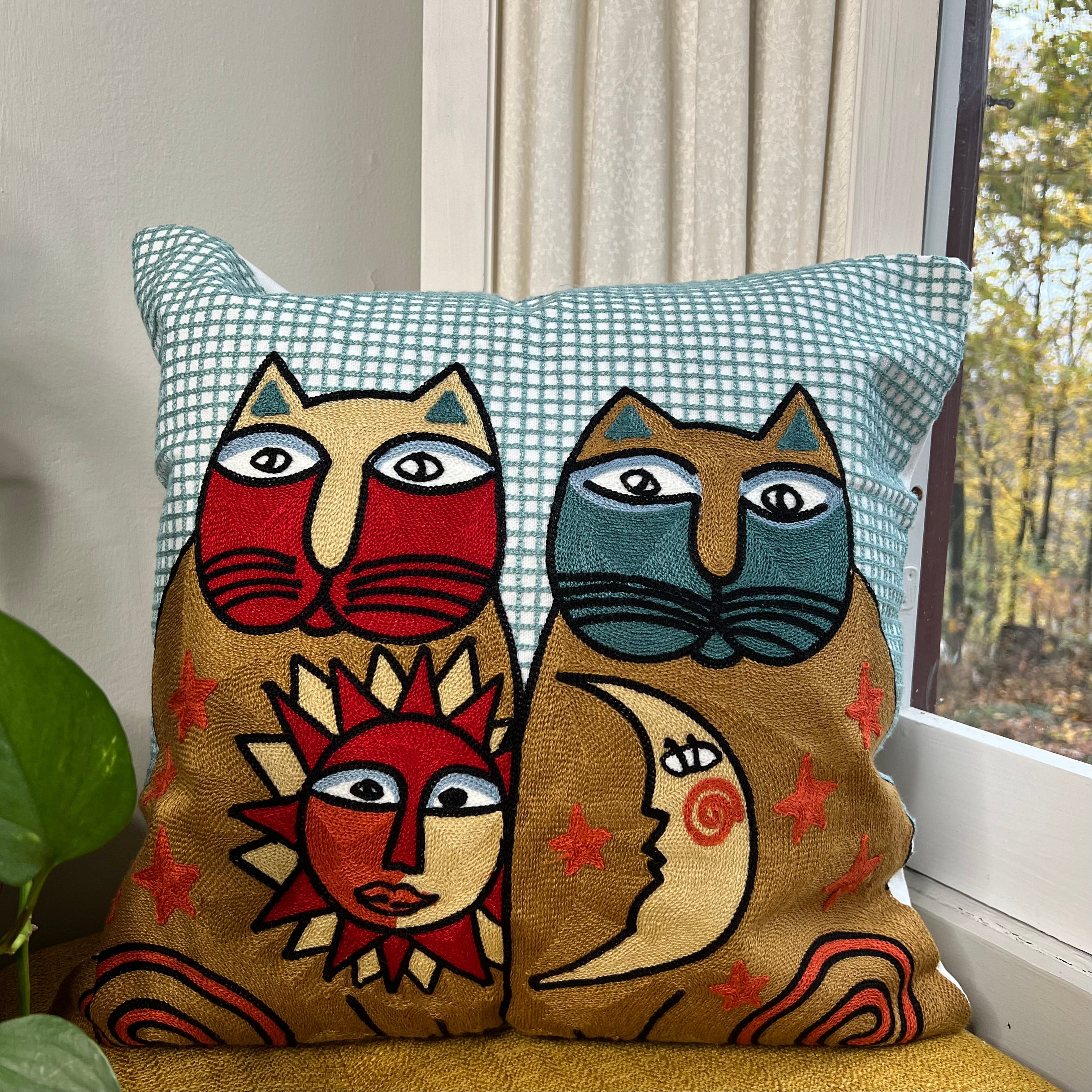 Sun & Moon Abstract Cats Embroidered Pillow Cover - Image 3
